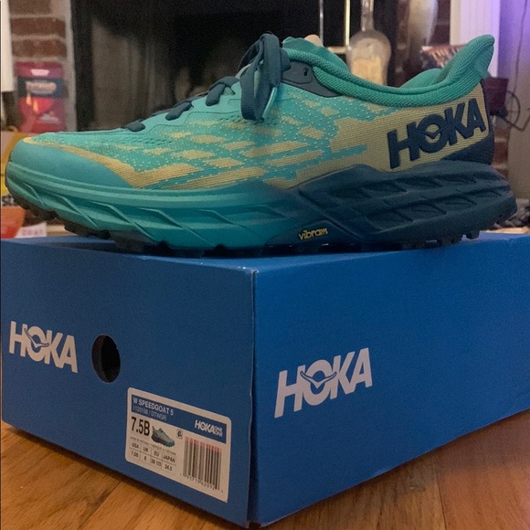 Hoka One on One Speedgoat 5 Teal and Yellow Athletic Shoes - Picture 3 of 7